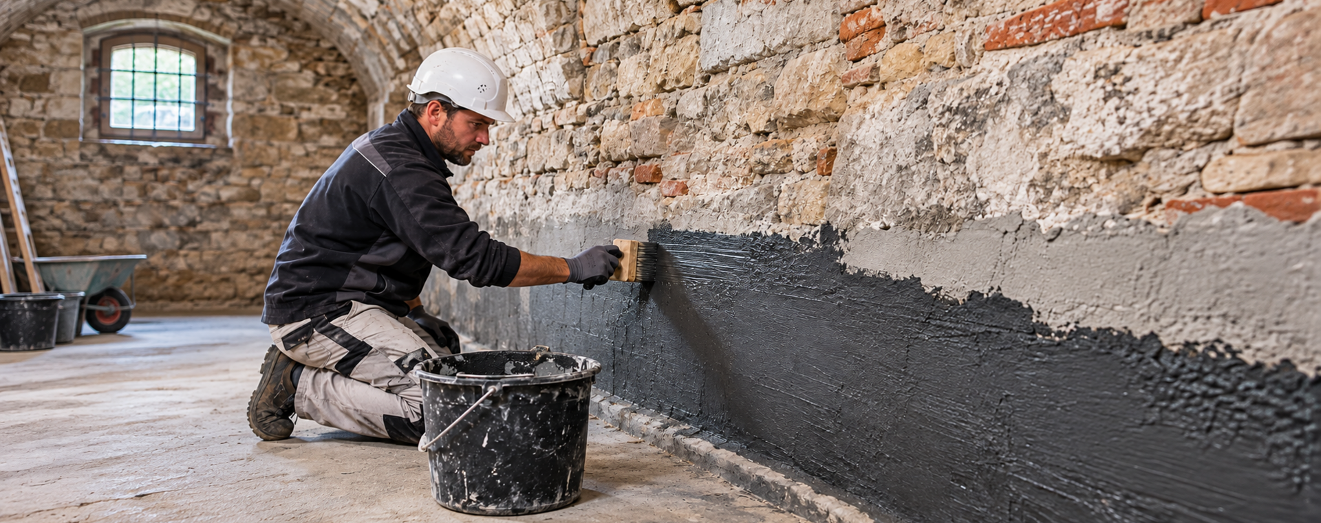 Person mit Spachtel an Mauerwerk